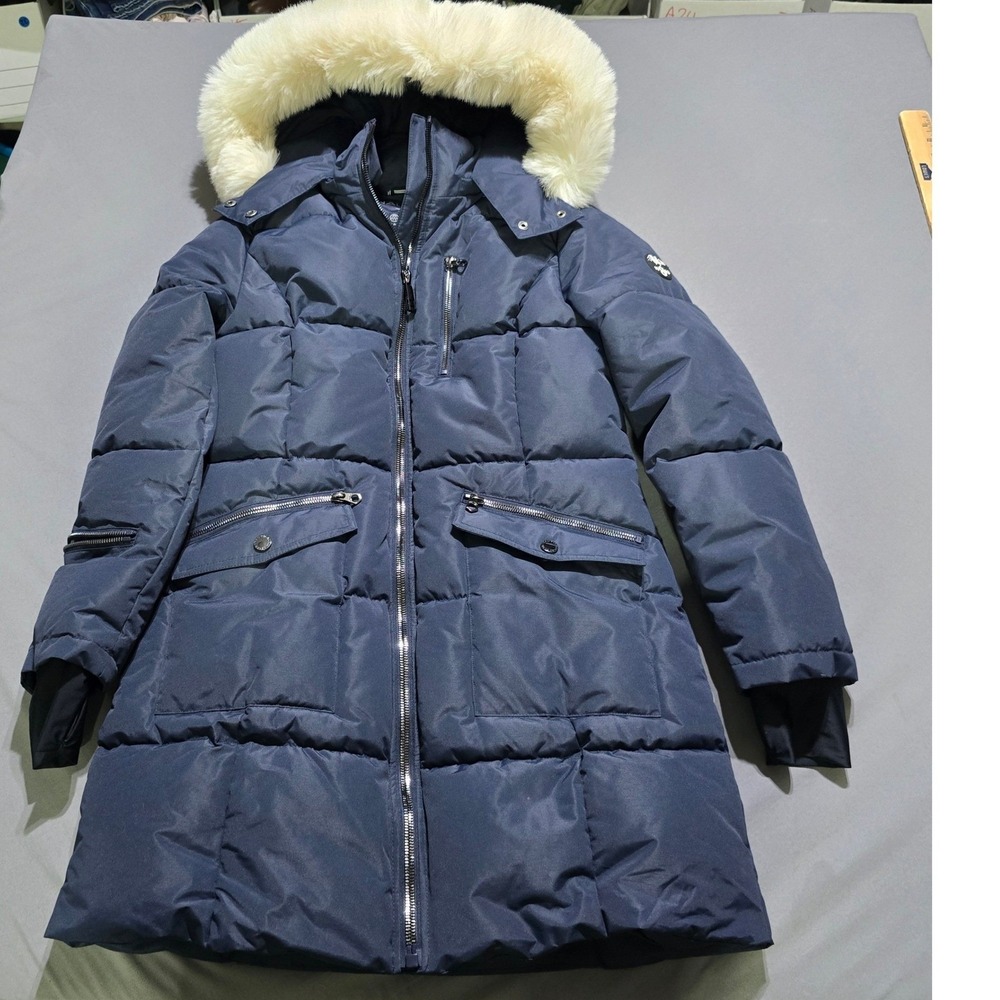 Nautica Puffer Parka Women Medium Navy Blue Faux Fur Hood Water Resistant Coat